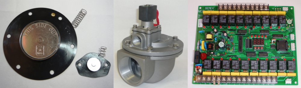 販售脈衝式袋濾式集塵機用控制元件，噴氣脈衝閥（膜片閥、電磁閥）、膜片、順序控制器、束管接頭、差壓計。